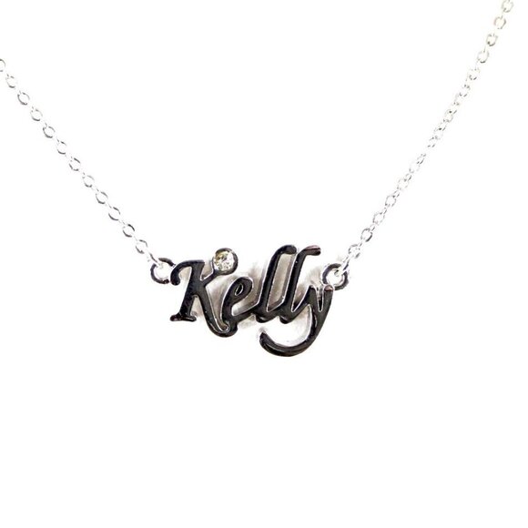 KELLY Name Silvertone Rhinestone 14.5" w 4.5" Multi Ring Ext Necklace - Picture 2 of 16